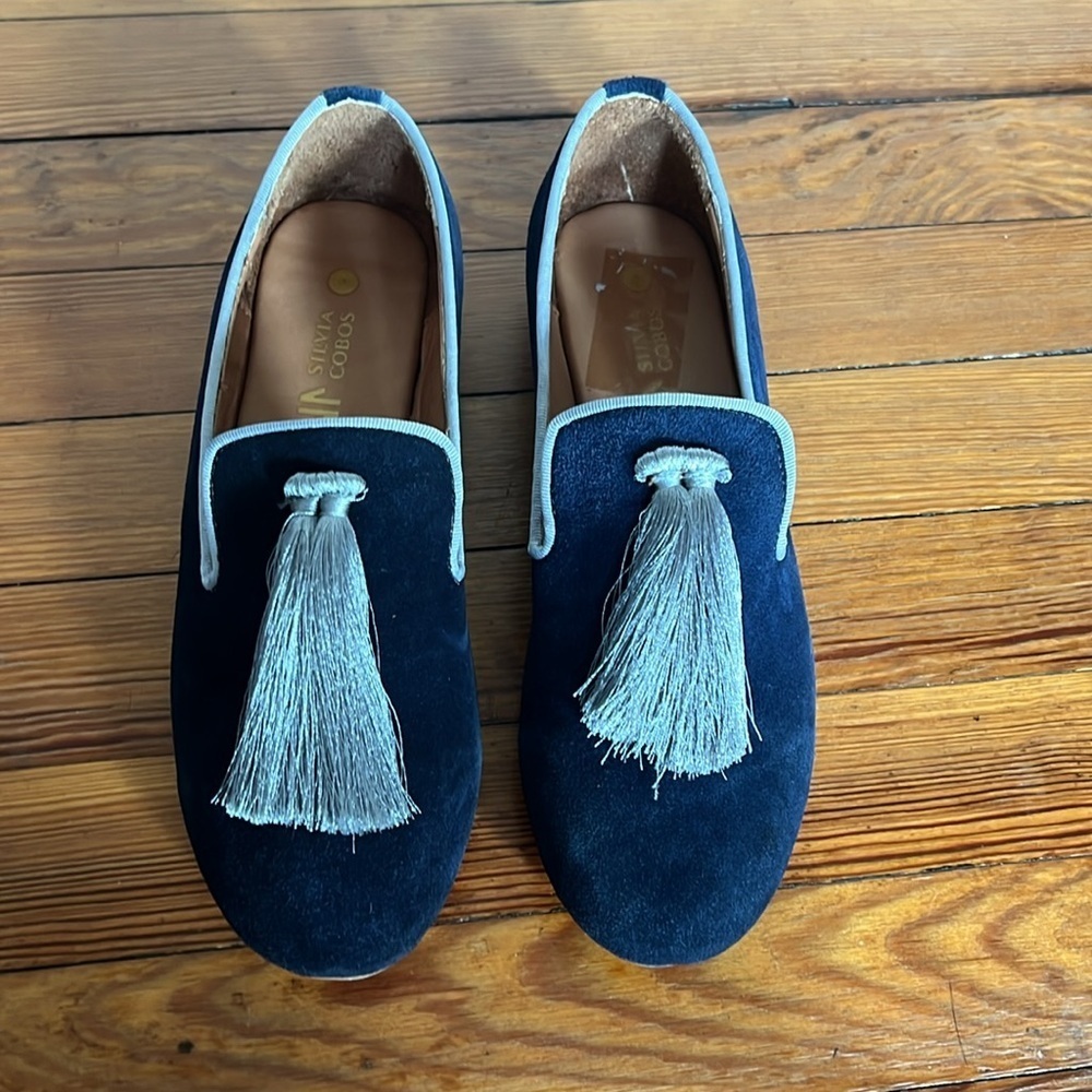 Silvia Cobos Suede Leather Navy Gray Tassel Loafers for Women Multiple Sizes - Picture 2 of 12